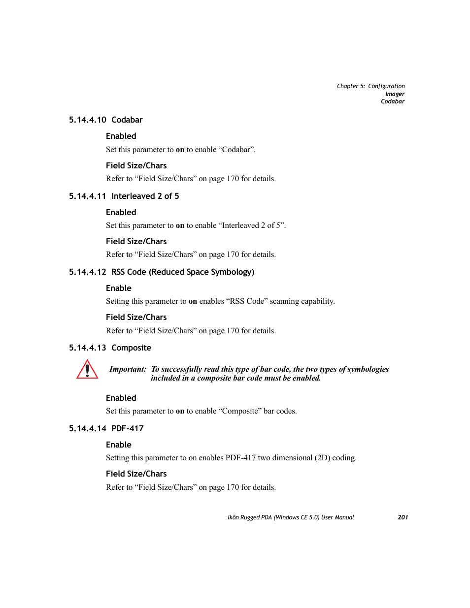 10 codabar, 11 interleaved 2 of 5, 12 rss code (reduced space symbology) | 13 composite, 14 pdf-417 | PYLE Audio IKON RUGGED 7505-BTSDCMHC25 User Manual | Page 213 / 324