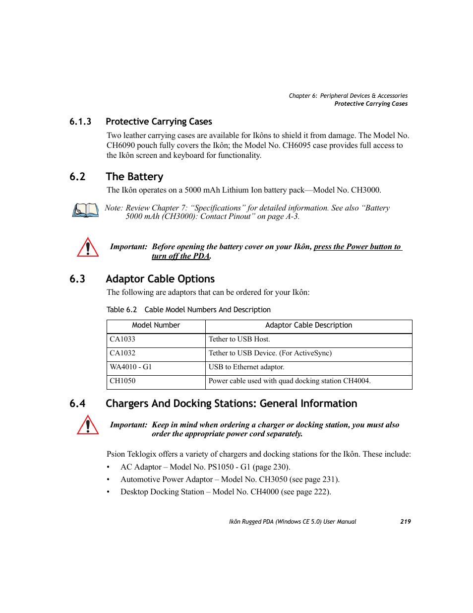 3 protective carrying cases, 2 the battery, 3 adaptor cable options | Protective carrying cases, The battery, Adaptor cable options, Chargers and docking stations: general information | PYLE Audio IKON RUGGED 7505-BTSDCMHC25 User Manual | Page 231 / 324