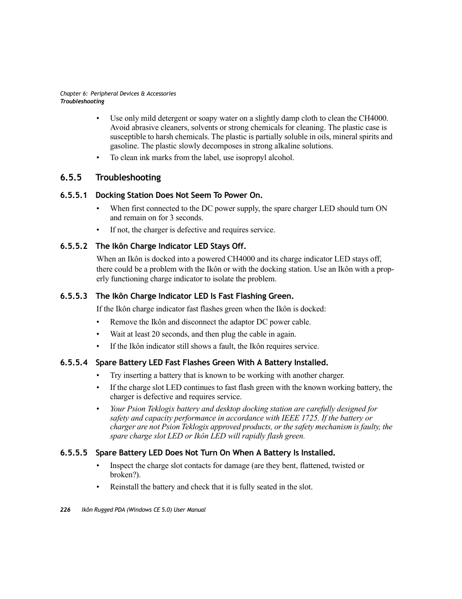 5 troubleshooting, 1 docking station does not seem to power on, 2 the ikôn charge indicator led stays off | Troubleshooting 6.5.5.1, Docking station does not seem to power on, The ikôn charge indicator led stays off | PYLE Audio IKON RUGGED 7505-BTSDCMHC25 User Manual | Page 238 / 324