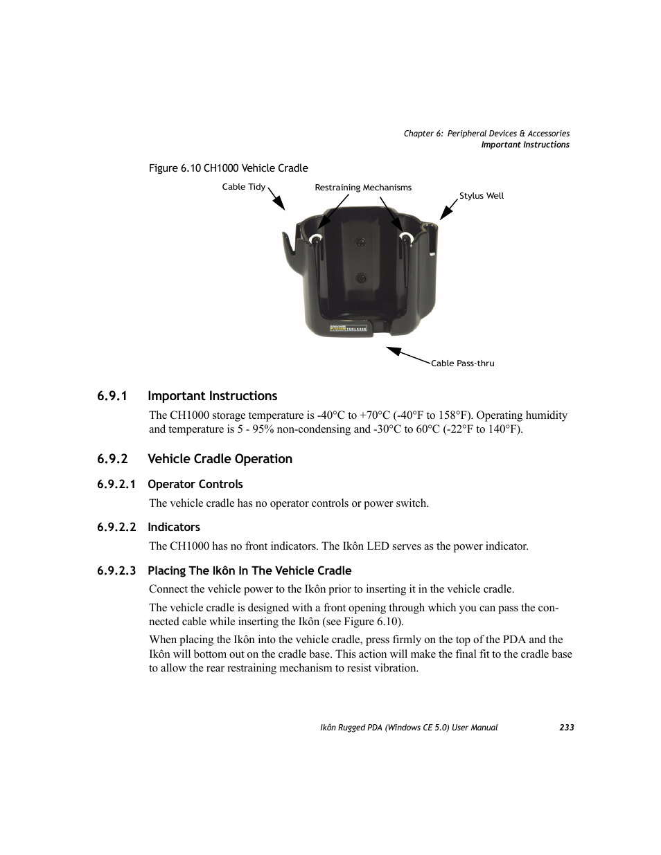 1 important instructions, 2 vehicle cradle operation, 1 operator controls | 2 indicators, 3 placing the ikôn in the vehicle cradle, Important instructions, Vehicle cradle operation 6.9.2.1, Operator controls, Indicators, Placing the ikôn in the vehicle cradle | PYLE Audio IKON RUGGED 7505-BTSDCMHC25 User Manual | Page 245 / 324