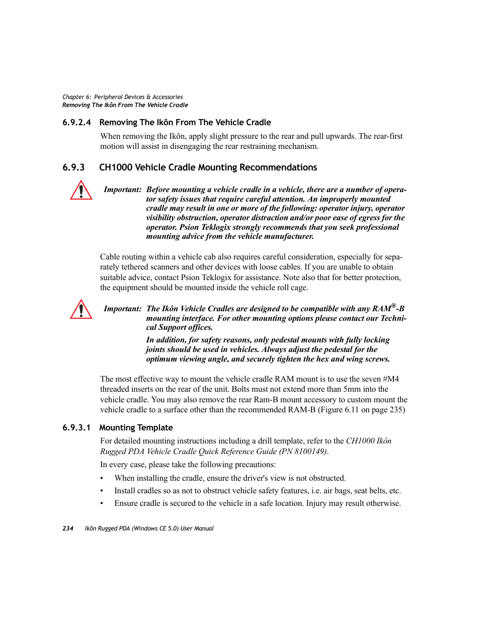 4 removing the ikôn from the vehicle cradle, 3 ch1000 vehicle cradle mounting recommendations, 1 mounting template | Removing the ikôn from the vehicle cradle, Mounting template | PYLE Audio IKON RUGGED 7505-BTSDCMHC25 User Manual | Page 246 / 324