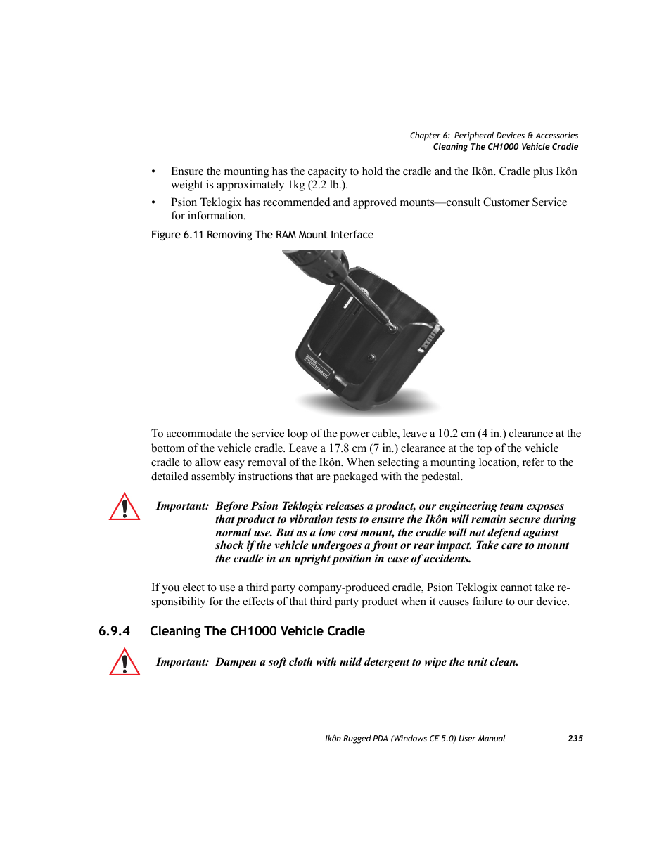 4 cleaning the ch1000 vehicle cradle, Cleaning the ch1000 vehicle cradle | PYLE Audio IKON RUGGED 7505-BTSDCMHC25 User Manual | Page 247 / 324