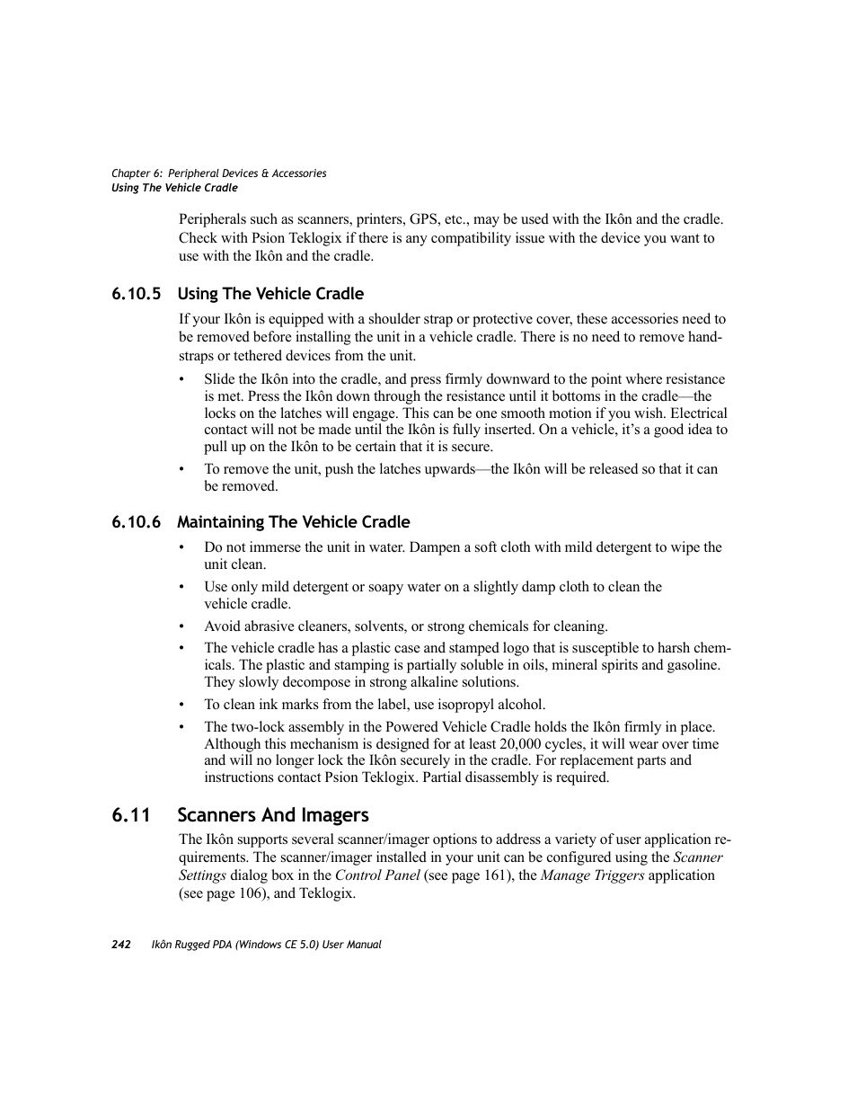 5 using the vehicle cradle, 6 maintaining the vehicle cradle, 11 scanners and imagers | PYLE Audio IKON RUGGED 7505-BTSDCMHC25 User Manual | Page 254 / 324