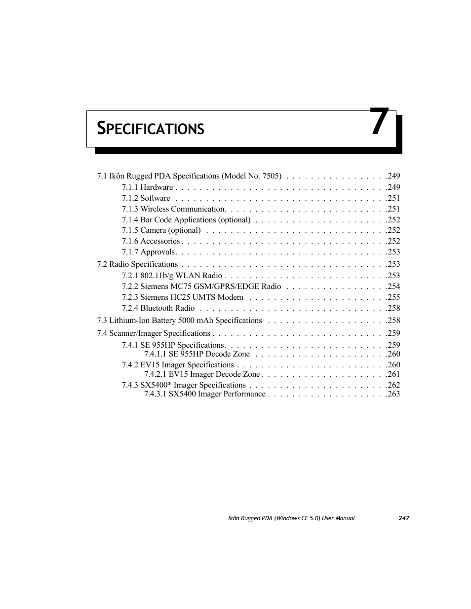 Specifications 7, Chapter 7: specifications, W chapter 7: “specifications” for | Pecifications | PYLE Audio IKON RUGGED 7505-BTSDCMHC25 User Manual | Page 259 / 324