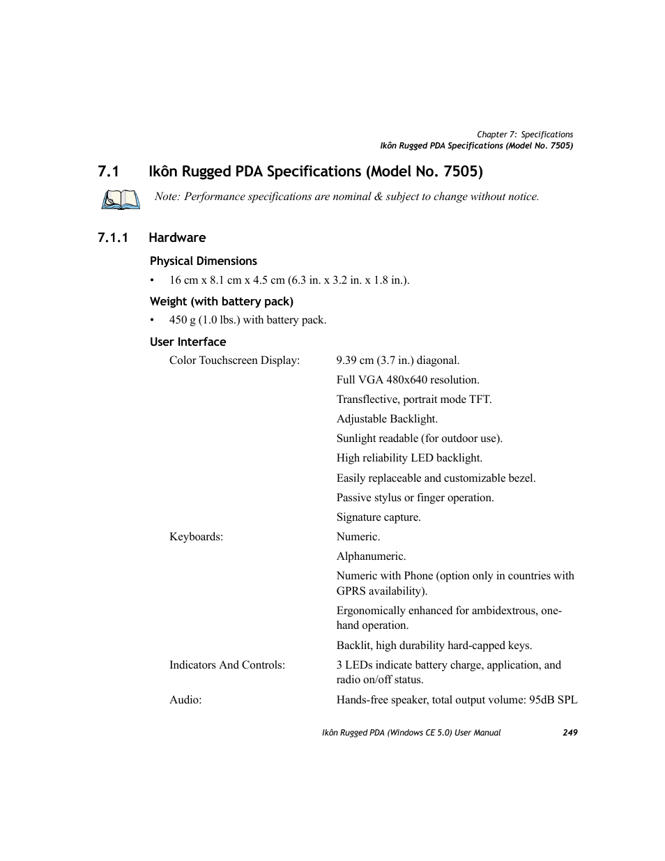 1 ikôn rugged pda specifications (model no. 7505), 1 hardware, Hardware | PYLE Audio IKON RUGGED 7505-BTSDCMHC25 User Manual | Page 261 / 324