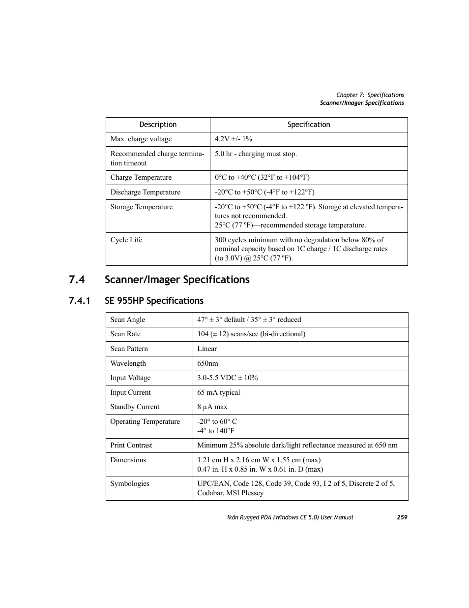 4 scanner/imager specifications, 1 se 955hp specifications, Scanner/imager specifications 7.4.1 | Se 955hp specifications | PYLE Audio IKON RUGGED 7505-BTSDCMHC25 User Manual | Page 271 / 324