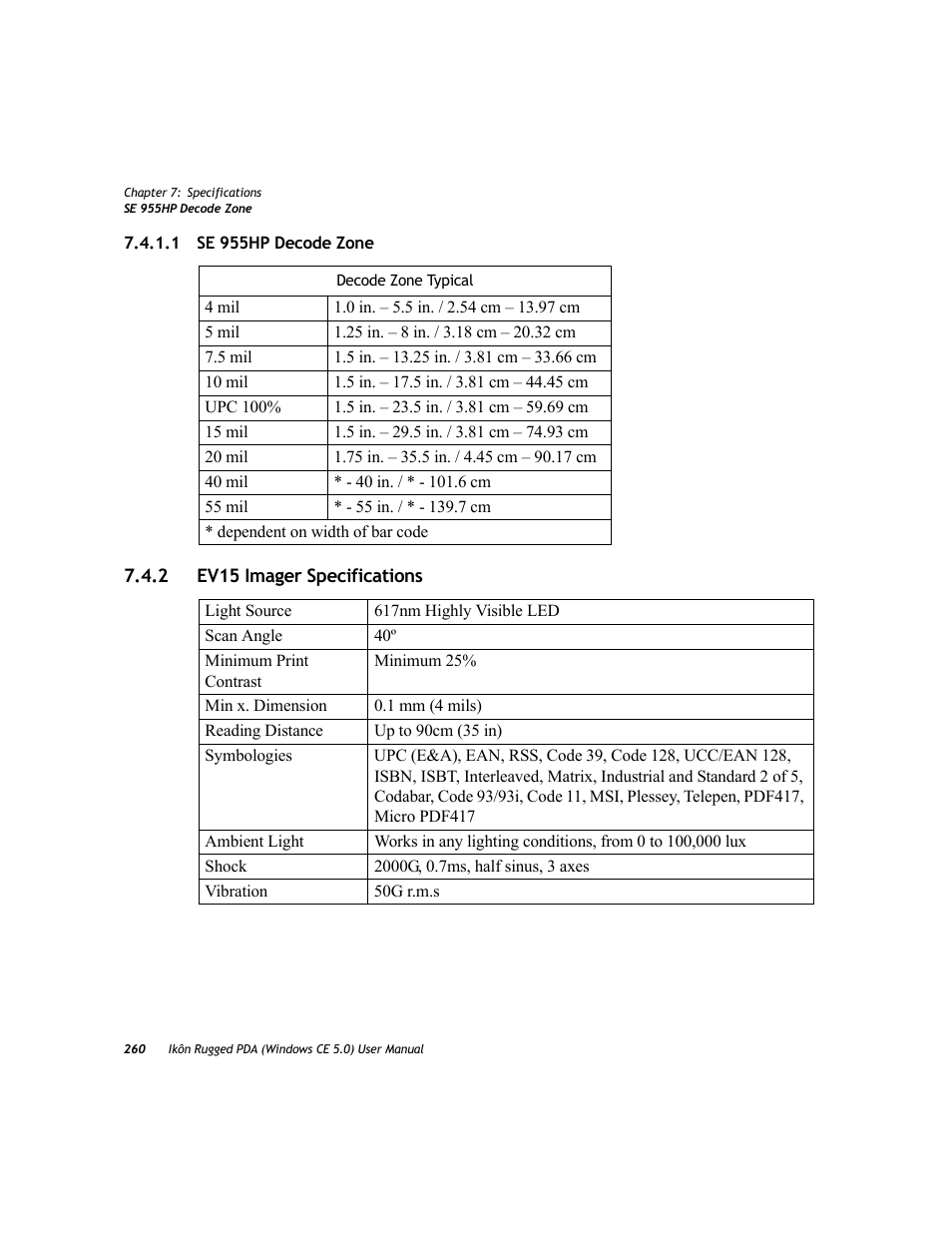 1 se 955hp decode zone, 2 ev15 imager specifications, Se 955hp decode zone | Ev15 imager specifications | PYLE Audio IKON RUGGED 7505-BTSDCMHC25 User Manual | Page 272 / 324