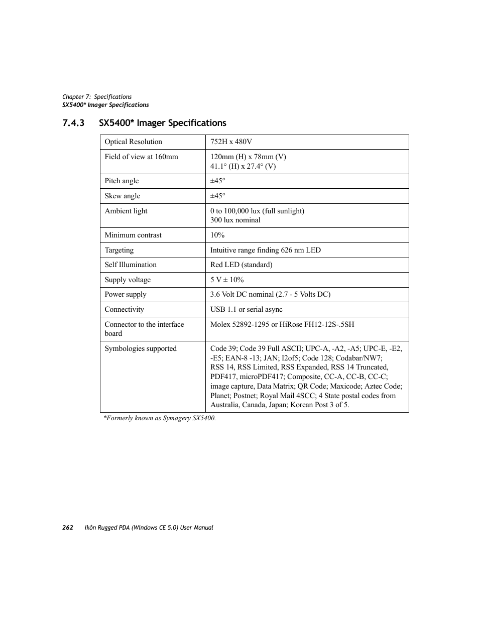 3 sx5400* imager specifications, Sx5400* imager specifications | PYLE Audio IKON RUGGED 7505-BTSDCMHC25 User Manual | Page 274 / 324