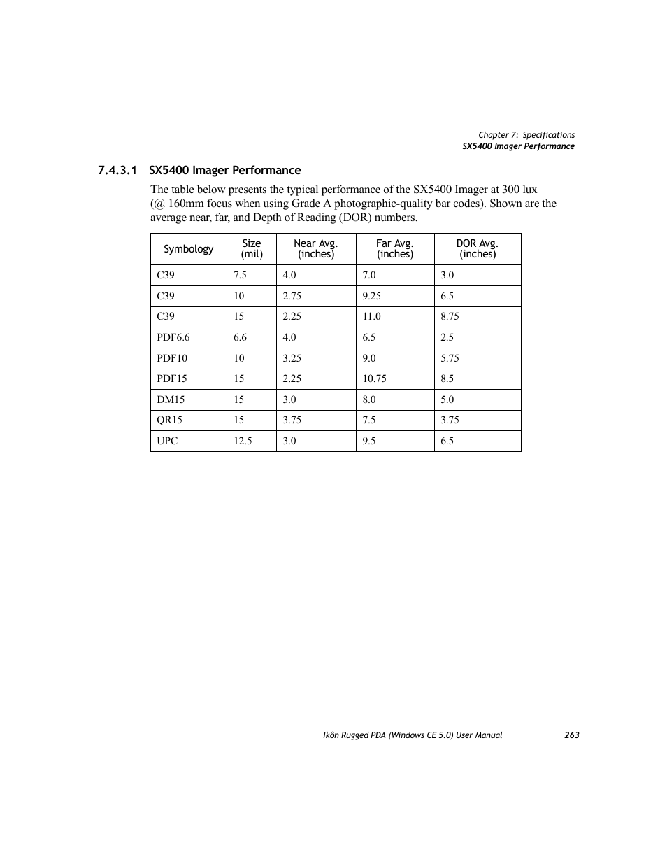 1 sx5400 imager performance, Sx5400 imager performance | PYLE Audio IKON RUGGED 7505-BTSDCMHC25 User Manual | Page 275 / 324