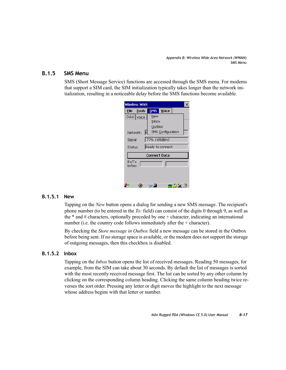 B.1.5 sms menu, B.1.5.1 new, B.1.5.2 inbox | B.1.5 | PYLE Audio IKON RUGGED 7505-BTSDCMHC25 User Manual | Page 297 / 324