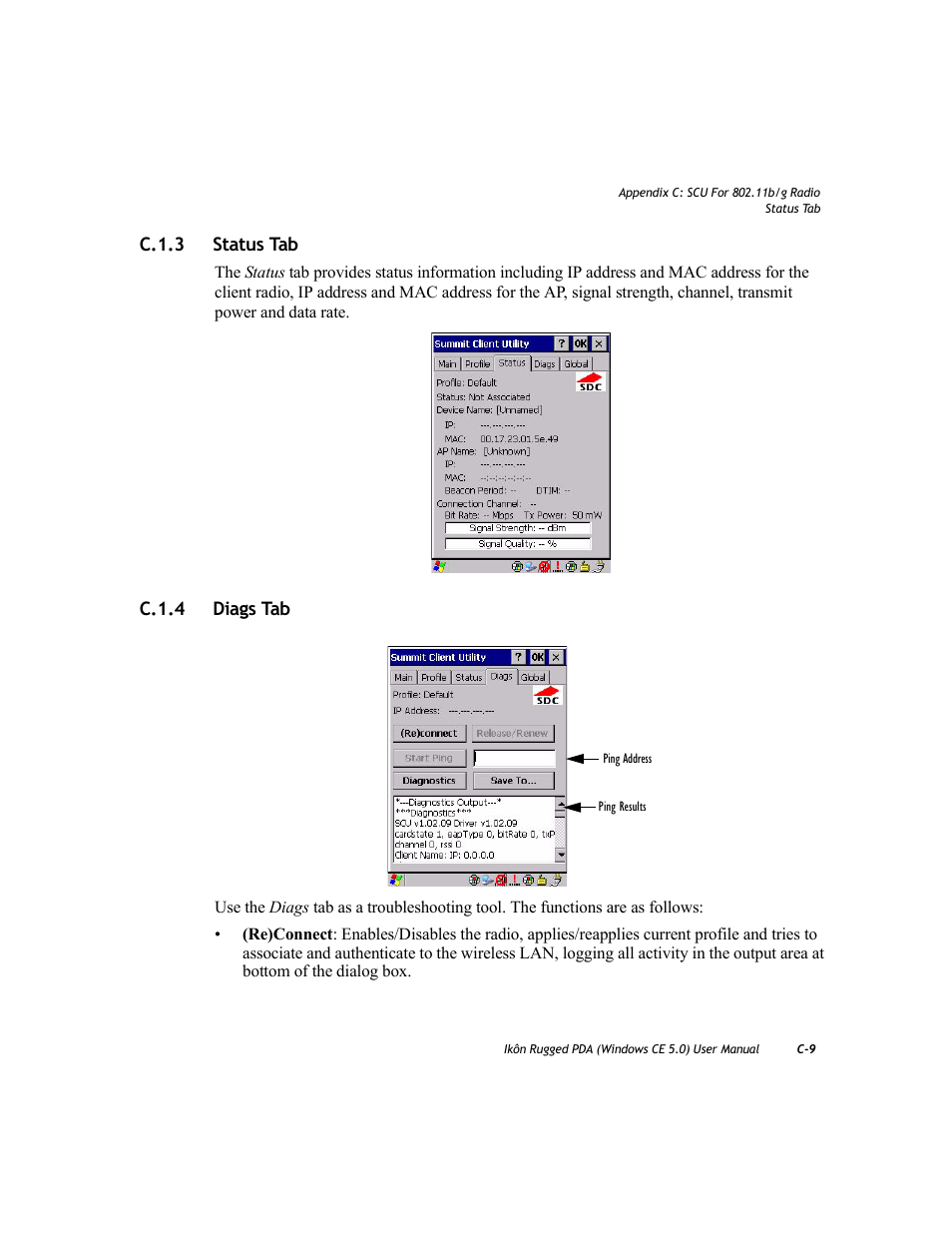 C.1.3 status tab, C.1.4 diags tab, C.1.3 | C.1.4, C.1.3 status tab c.1.4 diags tab | PYLE Audio IKON RUGGED 7505-BTSDCMHC25 User Manual | Page 309 / 324