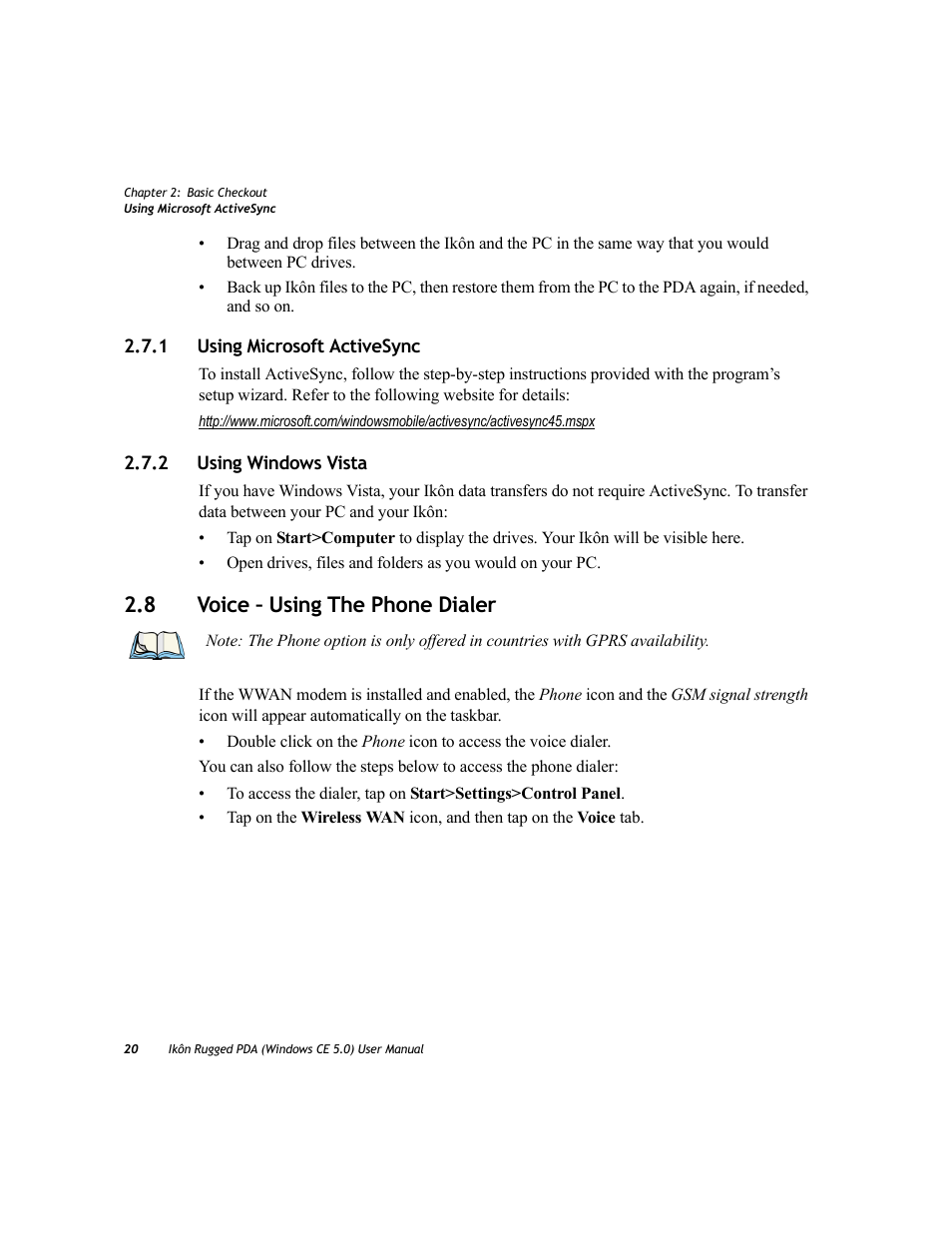 1 using microsoft activesync, 2 using windows vista, 8 voice – using the phone dialer | Using microsoft activesync, Using windows vista, Voice – using the phone dialer | PYLE Audio IKON RUGGED 7505-BTSDCMHC25 User Manual | Page 32 / 324