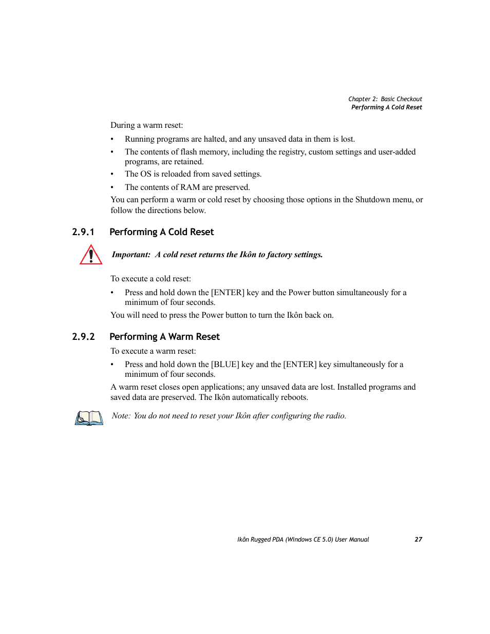 1 performing a cold reset, 2 performing a warm reset, Performing a cold reset | Performing a warm reset | PYLE Audio IKON RUGGED 7505-BTSDCMHC25 User Manual | Page 39 / 324