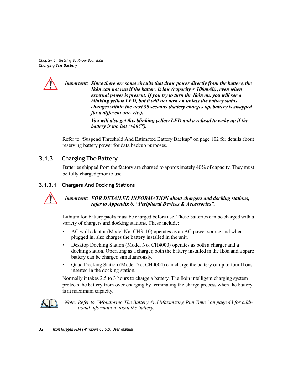 3 charging the battery, 1 chargers and docking stations, Charging the battery 3.1.3.1 | Chargers and docking stations | PYLE Audio IKON RUGGED 7505-BTSDCMHC25 User Manual | Page 44 / 324