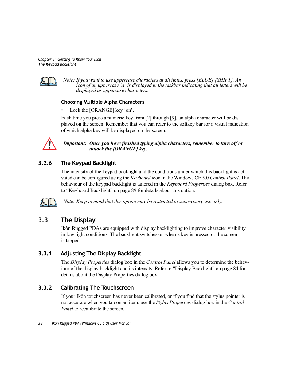 6 the keypad backlight, 3 the display, 1 adjusting the display backlight | 2 calibrating the touchscreen, The keypad backlight, The display 3.3.1, Adjusting the display backlight, Calibrating the touchscreen | PYLE Audio IKON RUGGED 7505-BTSDCMHC25 User Manual | Page 50 / 324