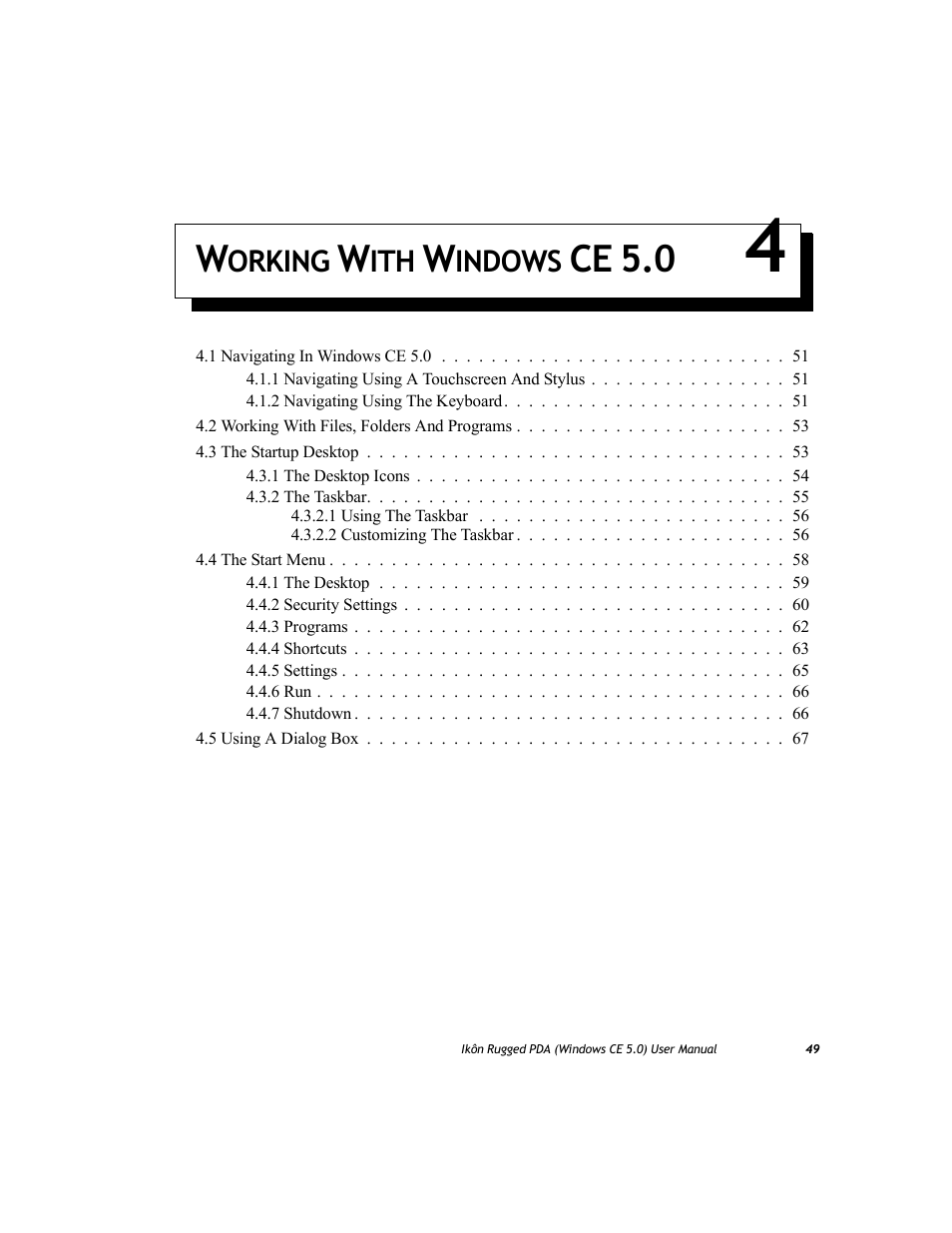 Working with windows ce 5.0 4, Chapter 4: working with windows ce 5.0, Ce 5.0 | PYLE Audio IKON RUGGED 7505-BTSDCMHC25 User Manual | Page 61 / 324