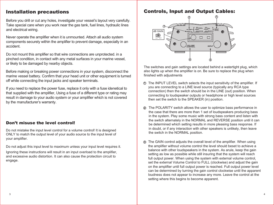 Installation precautions, Controls, input and output cables | PYLE Audio PYLE HYDRA PLMRMP3A User Manual | Page 4 / 4