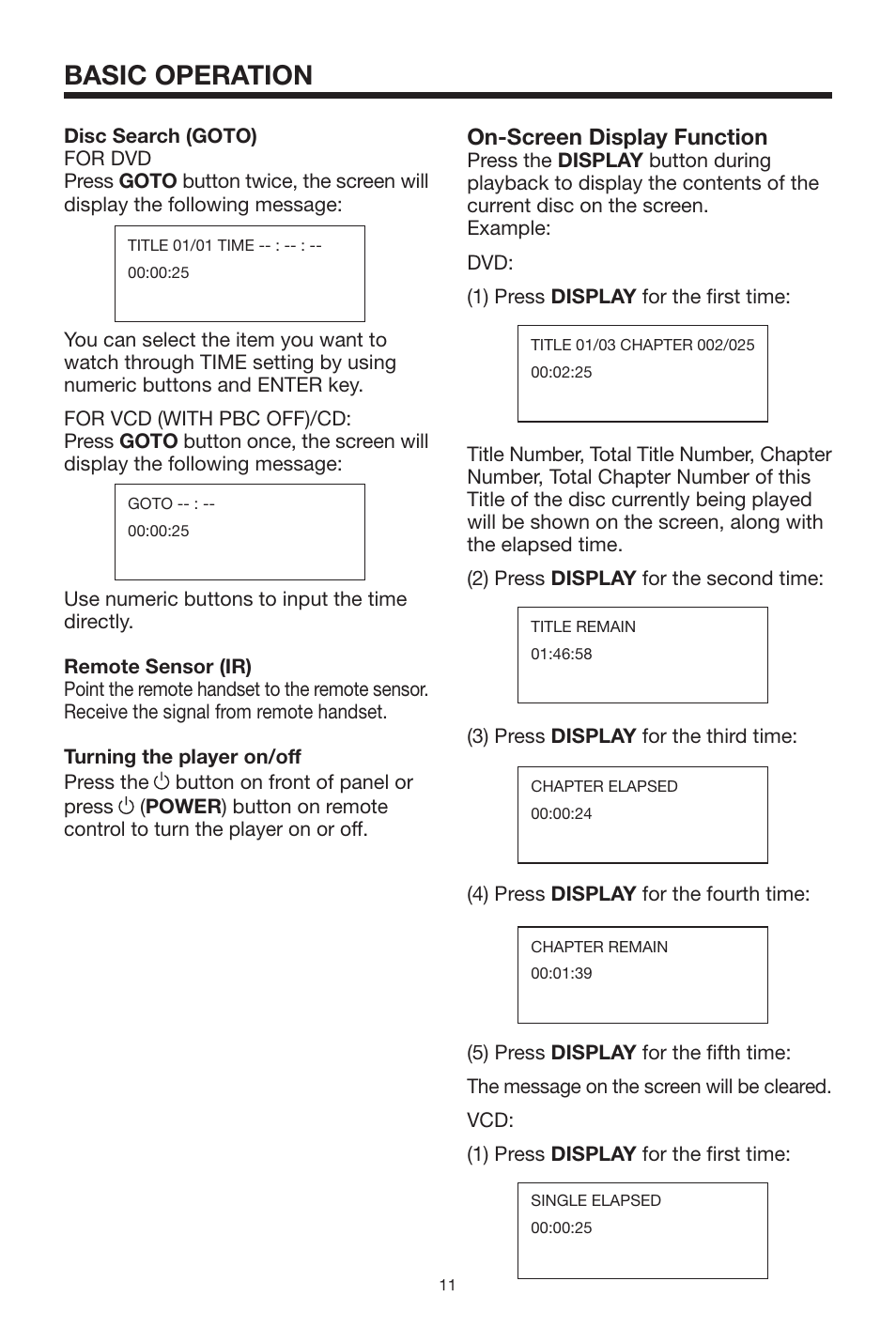 Basic operation, On-screen display function | PYLE Audio PLDVD130 User Manual | Page 11 / 20