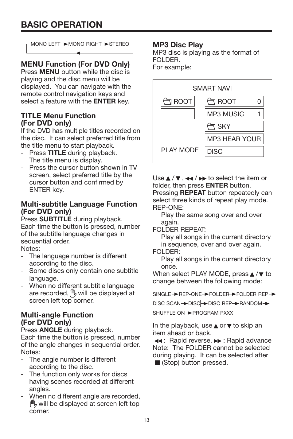 Basic operation, Menu function (for dvd only), Title menu function (for dvd only) | Multi-subtitle language function (for dvd only), Multi-angle function (for dvd only), Mp3 disc play | PYLE Audio PLDVD130 User Manual | Page 13 / 20