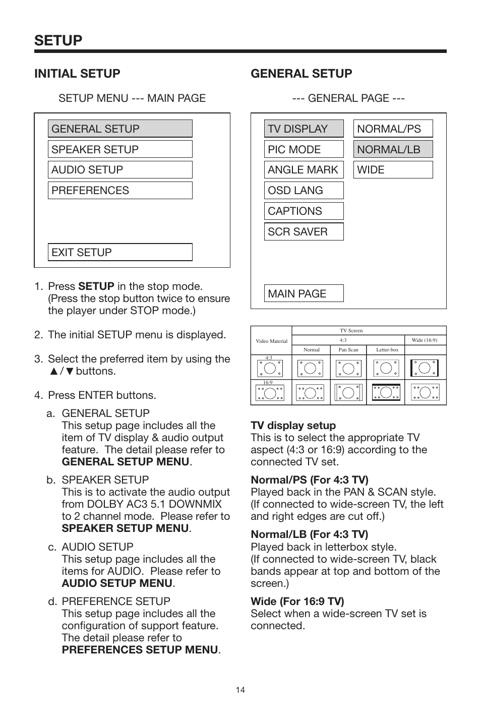 Setup, Initial setup, General setup | PYLE Audio PLDVD130 User Manual | Page 14 / 20