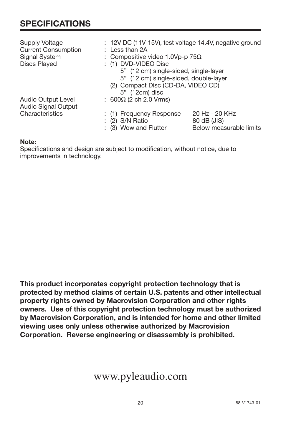 Specifications | PYLE Audio PLDVD130 User Manual | Page 20 / 20