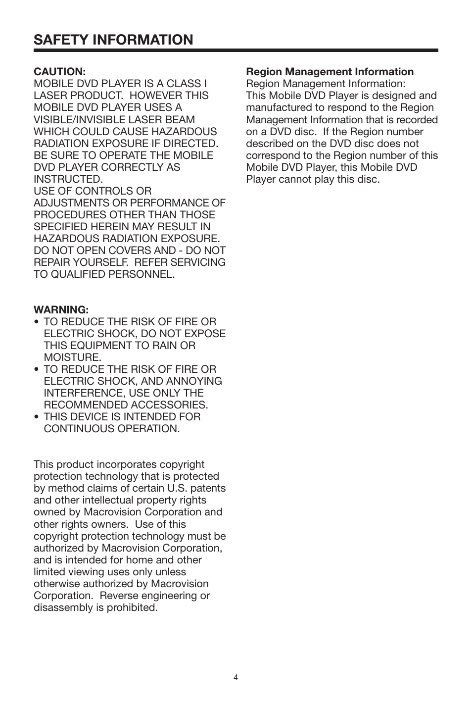 Safety information | PYLE Audio PLDVD130 User Manual | Page 4 / 20