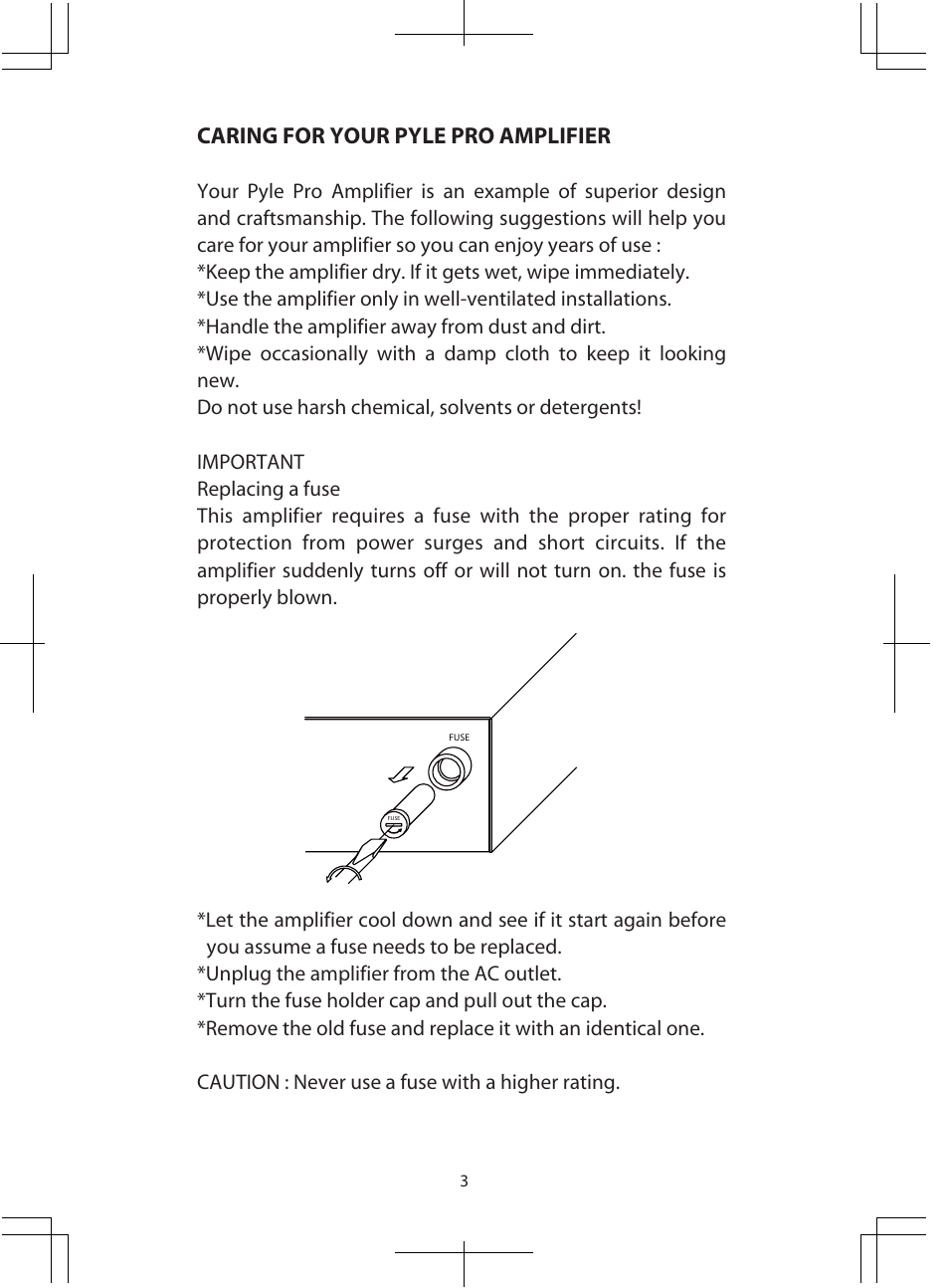 Caring for your pyle pro amplifier | PYLE Audio PTA3 User Manual | Page 5 / 8