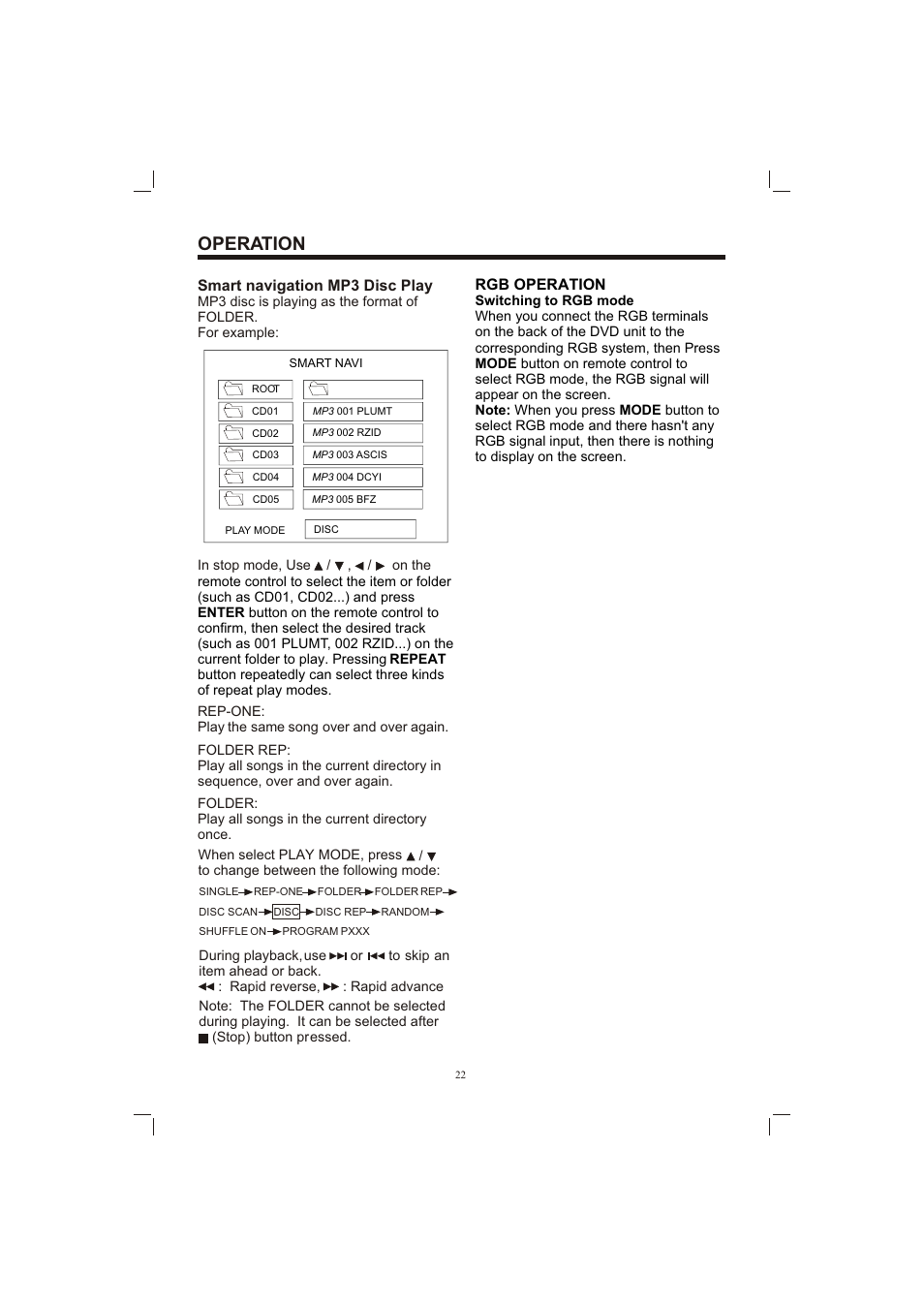 Т³гж 22, Operation, Smart navigation mp3 disc play | Rgb operation | PYLE Audio PLDVD65IN User Manual | Page 22 / 33