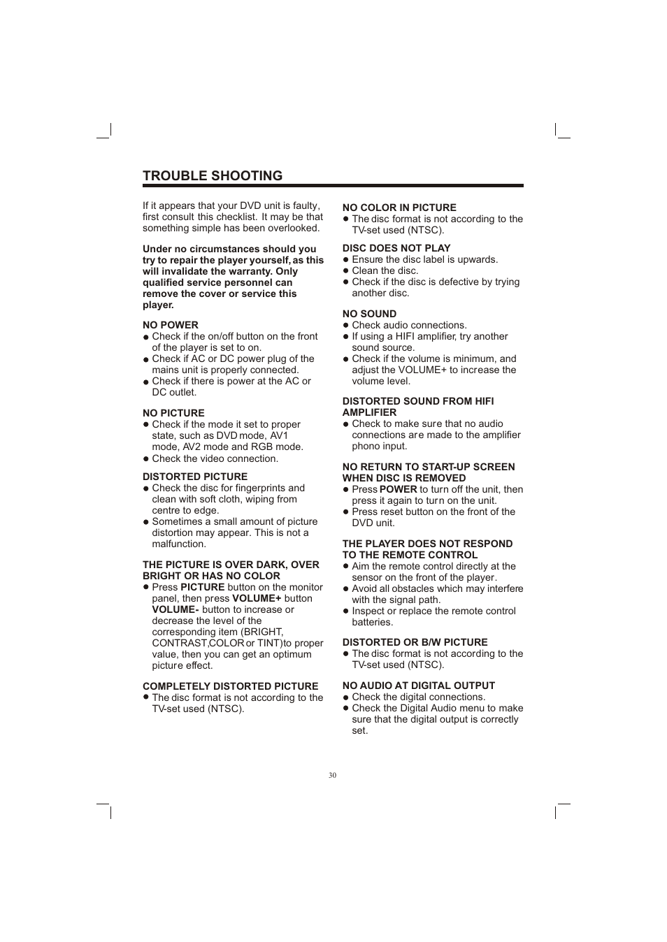 Т³гж 30, Trouble shooting | PYLE Audio PLDVD65IN User Manual | Page 30 / 33