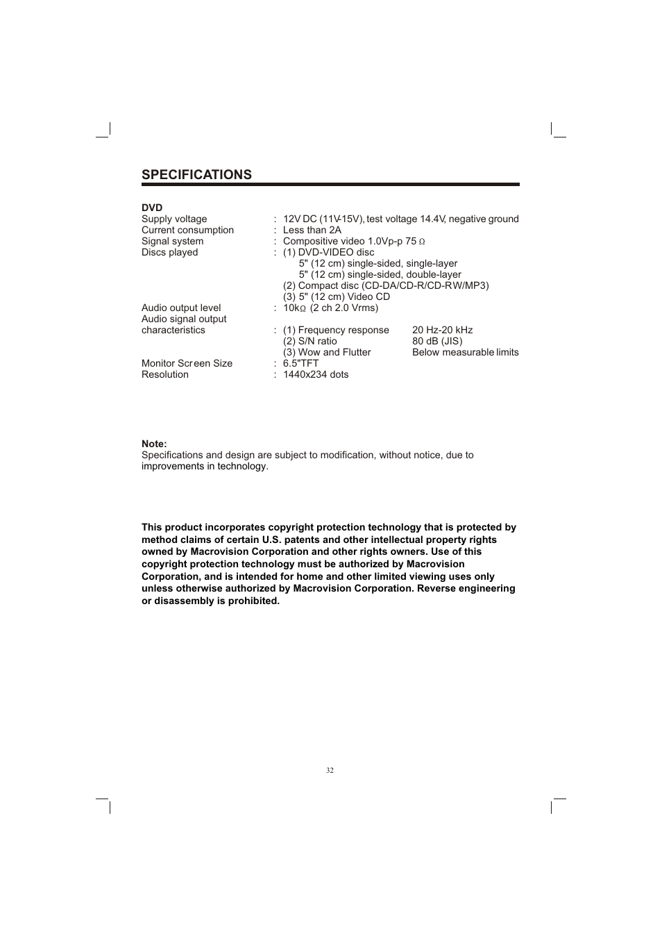 Т³гж 32, Specifications | PYLE Audio PLDVD65IN User Manual | Page 32 / 33