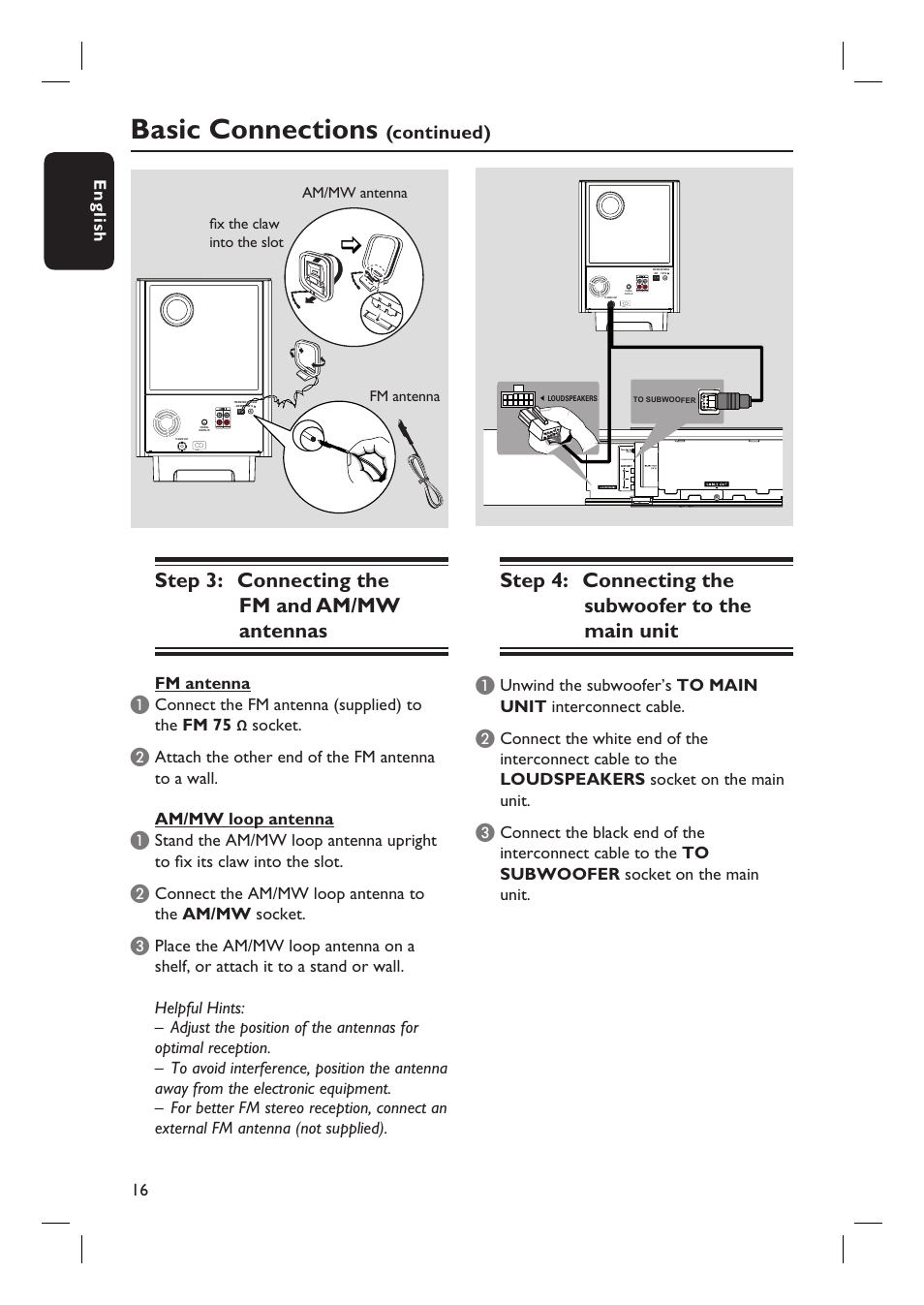 Basic connections, Step 3: connecting the fm and am/mw antennas, Step 4: connecting the subwoofer to the main unit | Continued), 16 english, Fm antenna, Connect the fm antenna (supplied) to the fm 75, Socket, Connect the am/mw loop antenna to the am/mw socket | PYLE Audio HTS8100 User Manual | Page 16 / 55
