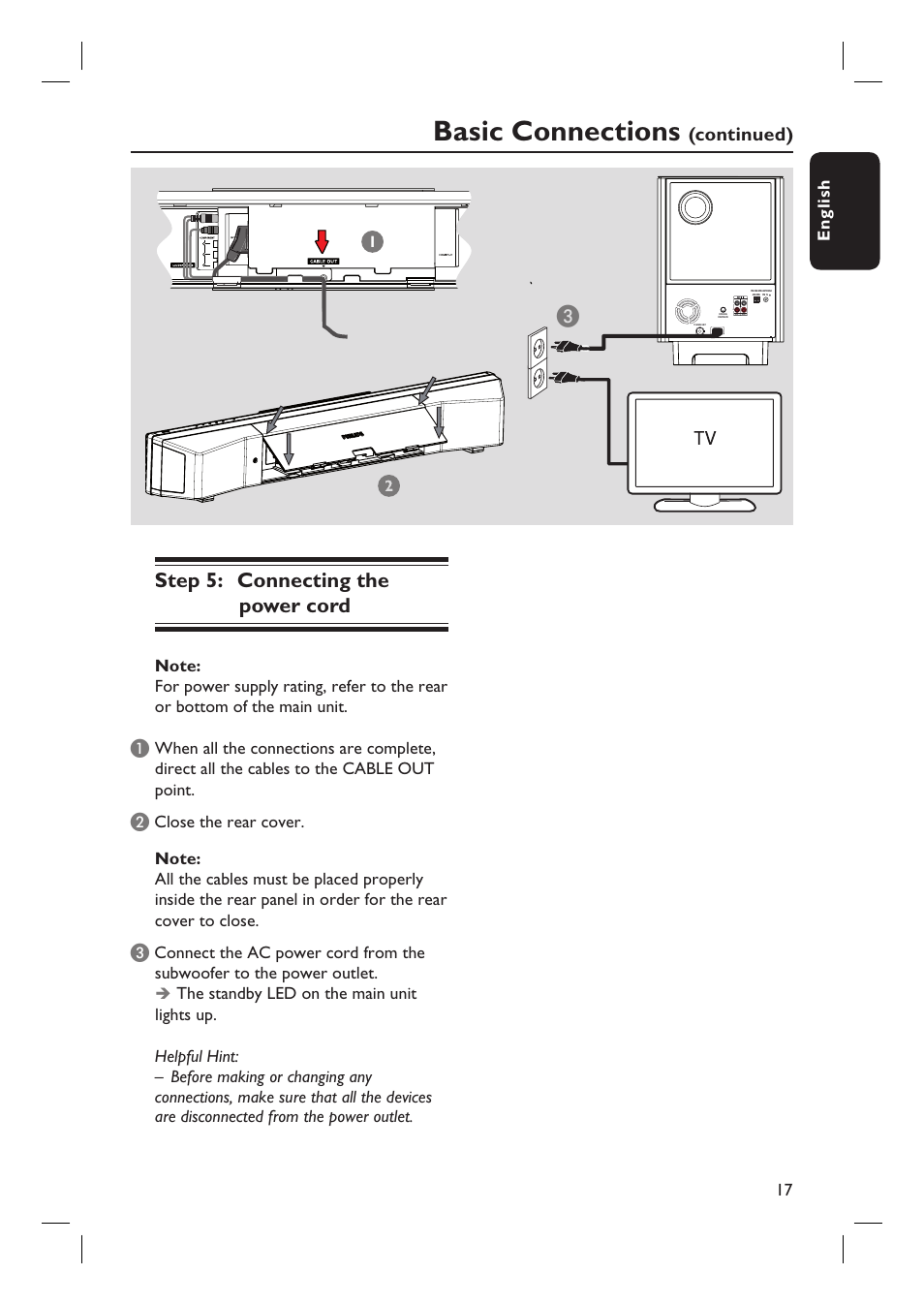 Basic connections, Step 5: connecting the power cord, Continued) | 17 english | PYLE Audio HTS8100 User Manual | Page 17 / 55