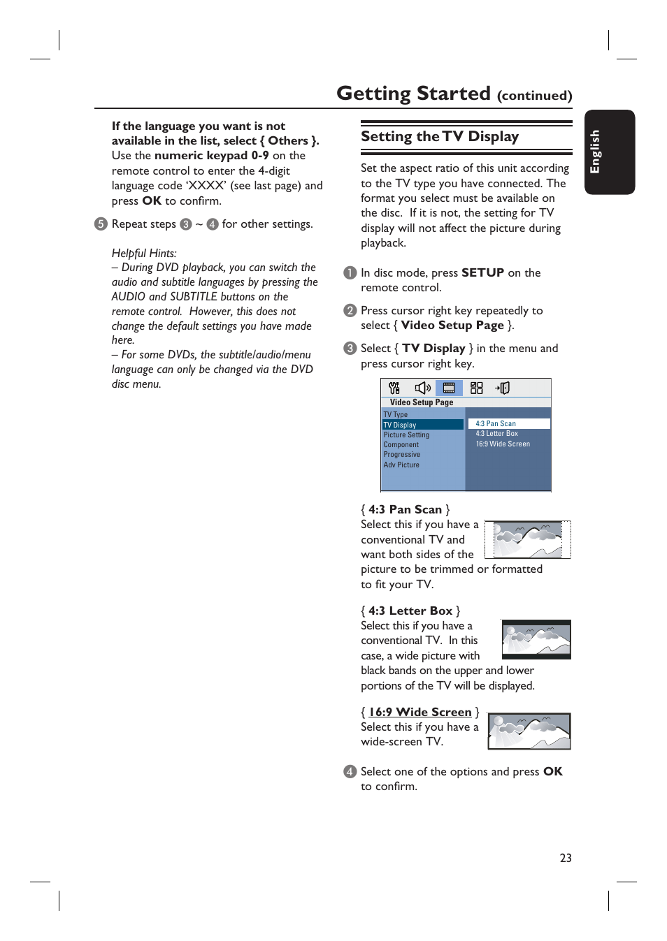 Getting started, Setting the tv display | PYLE Audio HTS8100 User Manual | Page 23 / 55