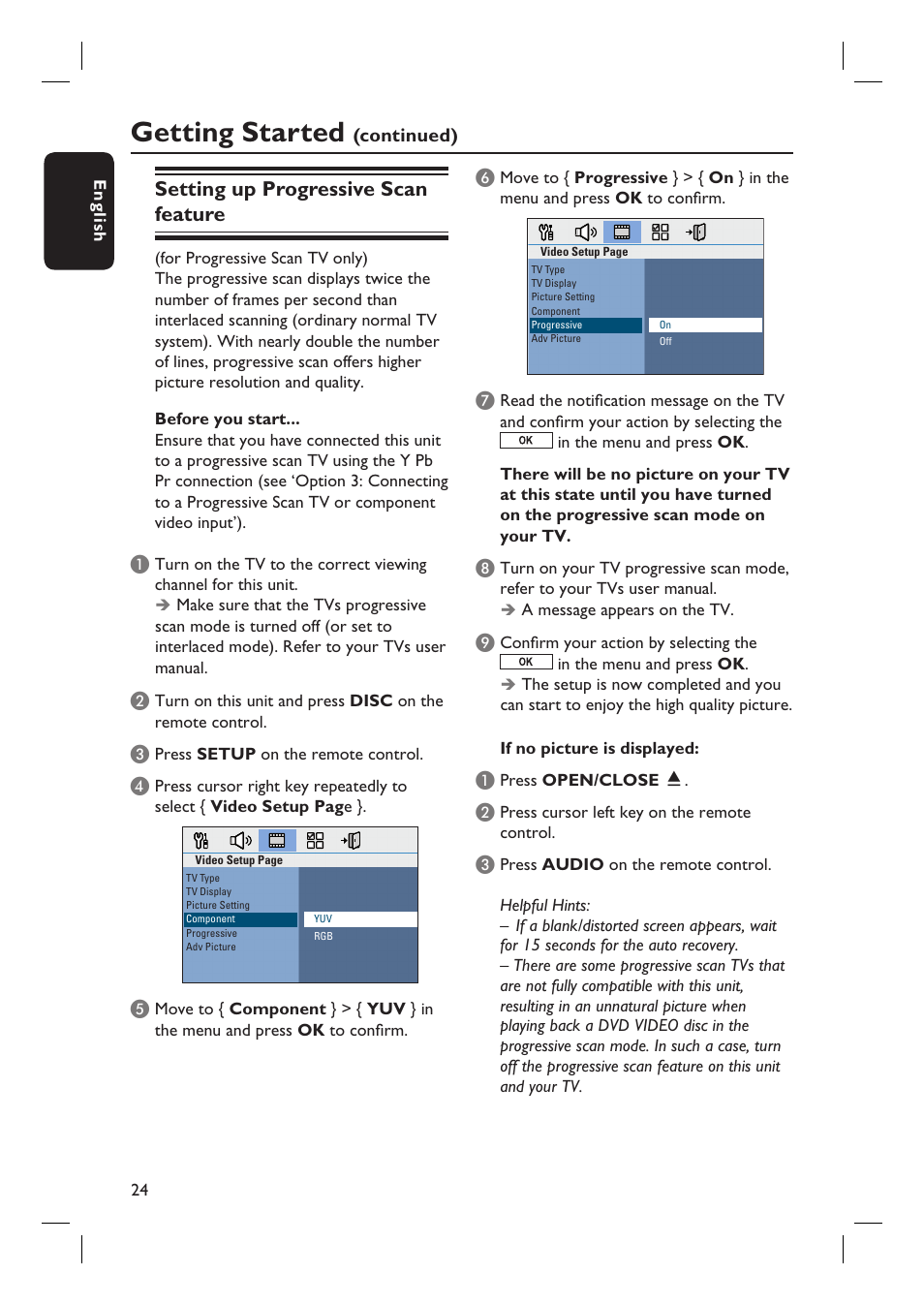 Getting started, Setting up progressive scan feature | PYLE Audio HTS8100 User Manual | Page 24 / 55