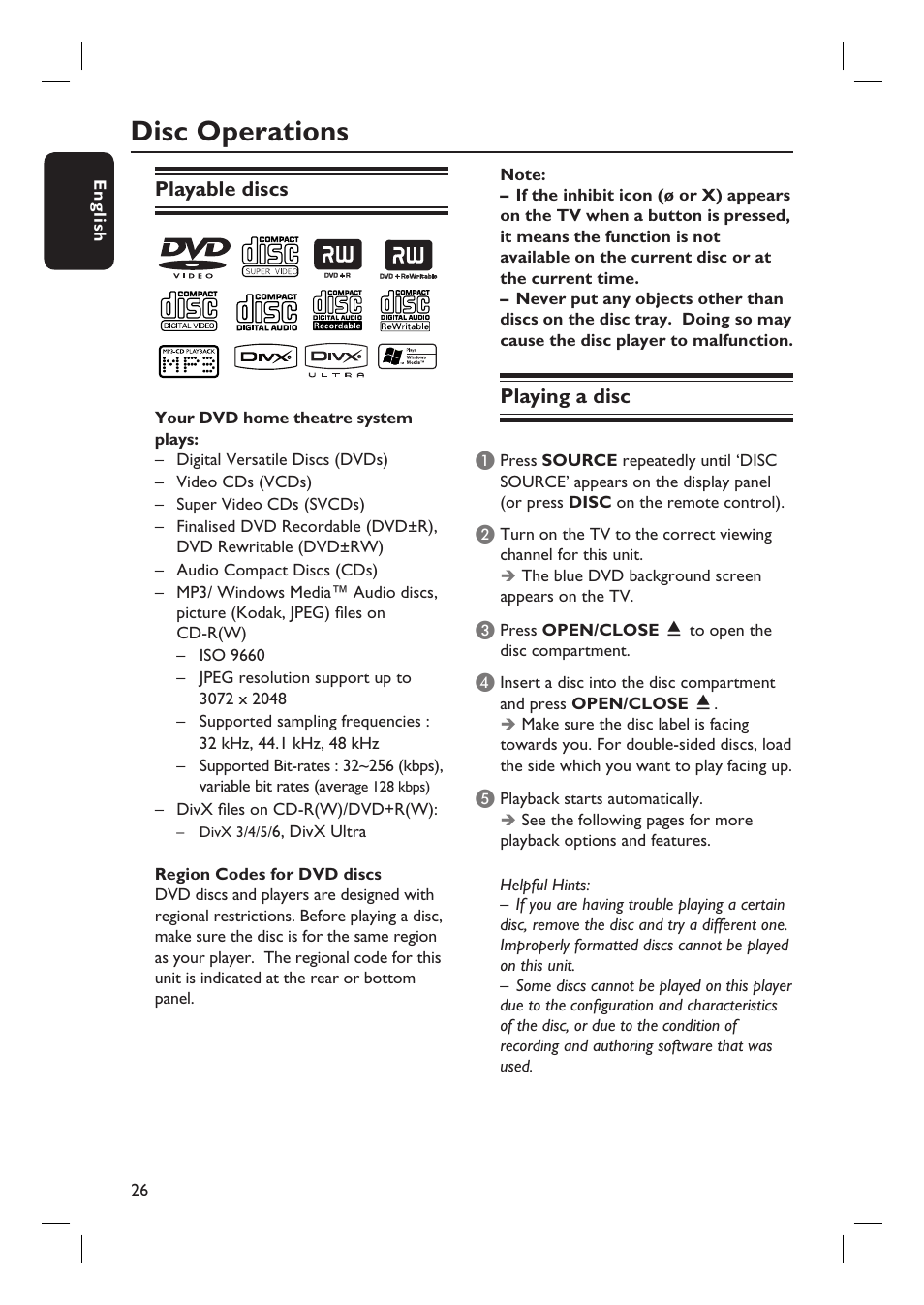 Disc operations, Playable discs, Playing a disc | PYLE Audio HTS8100 User Manual | Page 26 / 55