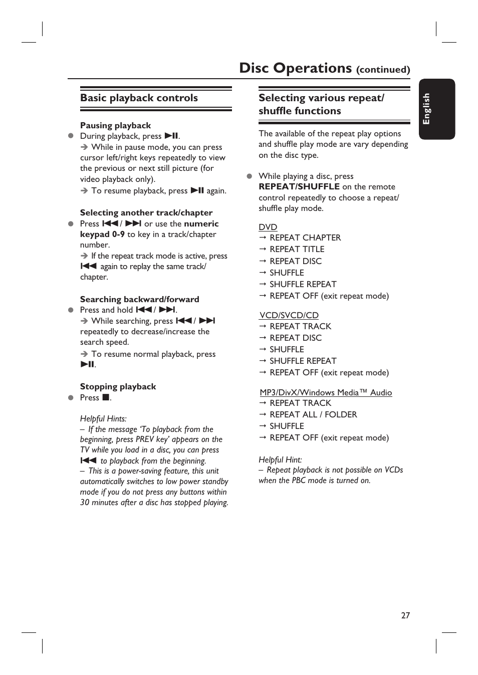 Disc operations, Basic playback controls, Selecting various repeat/ shuffl e functions | PYLE Audio HTS8100 User Manual | Page 27 / 55