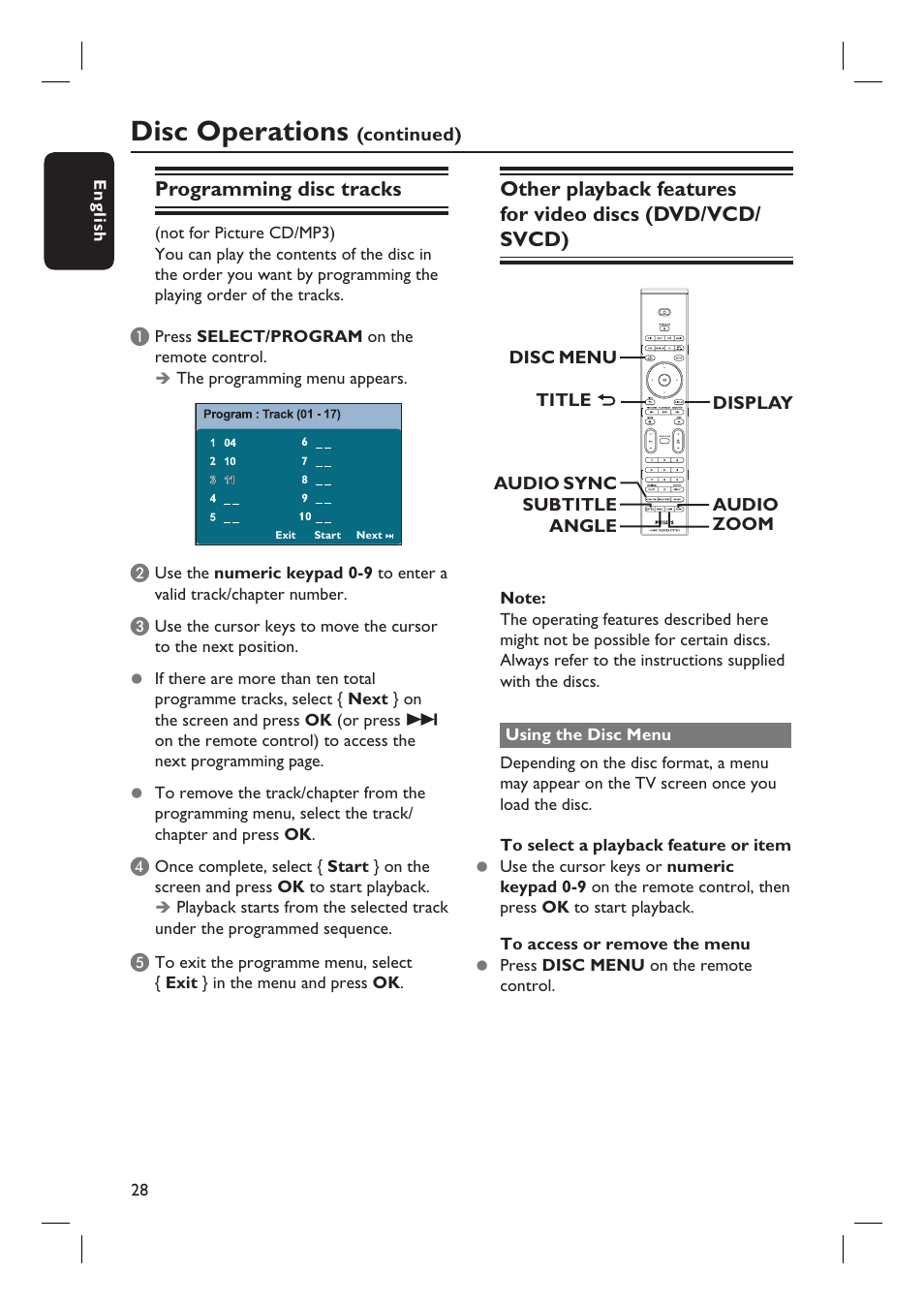 Disc operations, Programming disc tracks | PYLE Audio HTS8100 User Manual | Page 28 / 55