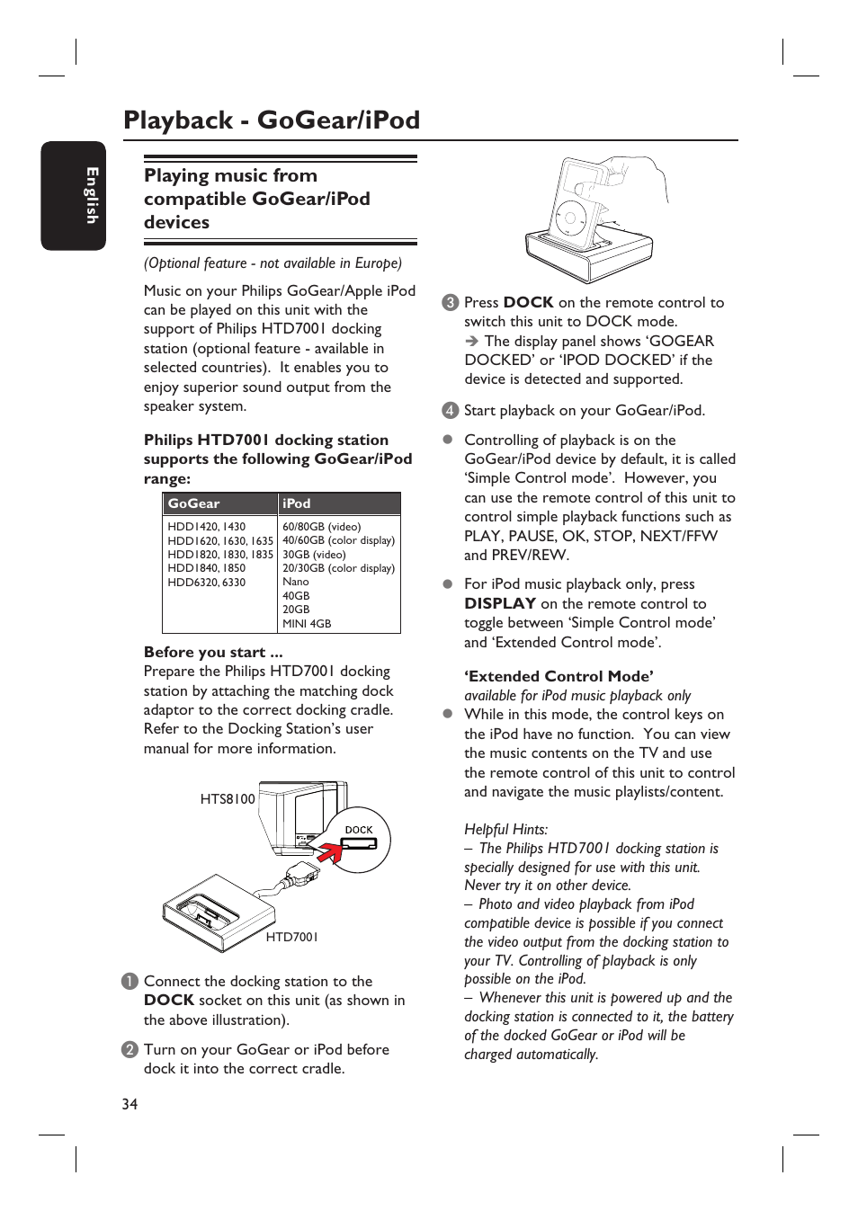 Playback - gogear/ipod, Playing music from compatible gogear/ipod devices | PYLE Audio HTS8100 User Manual | Page 34 / 55