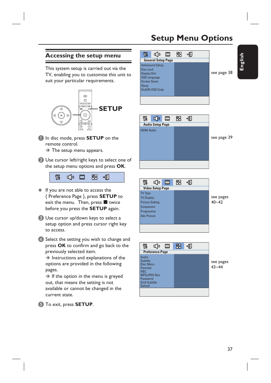 Setup menu options, Setup, Accessing the setup menu | PYLE Audio HTS8100 User Manual | Page 37 / 55