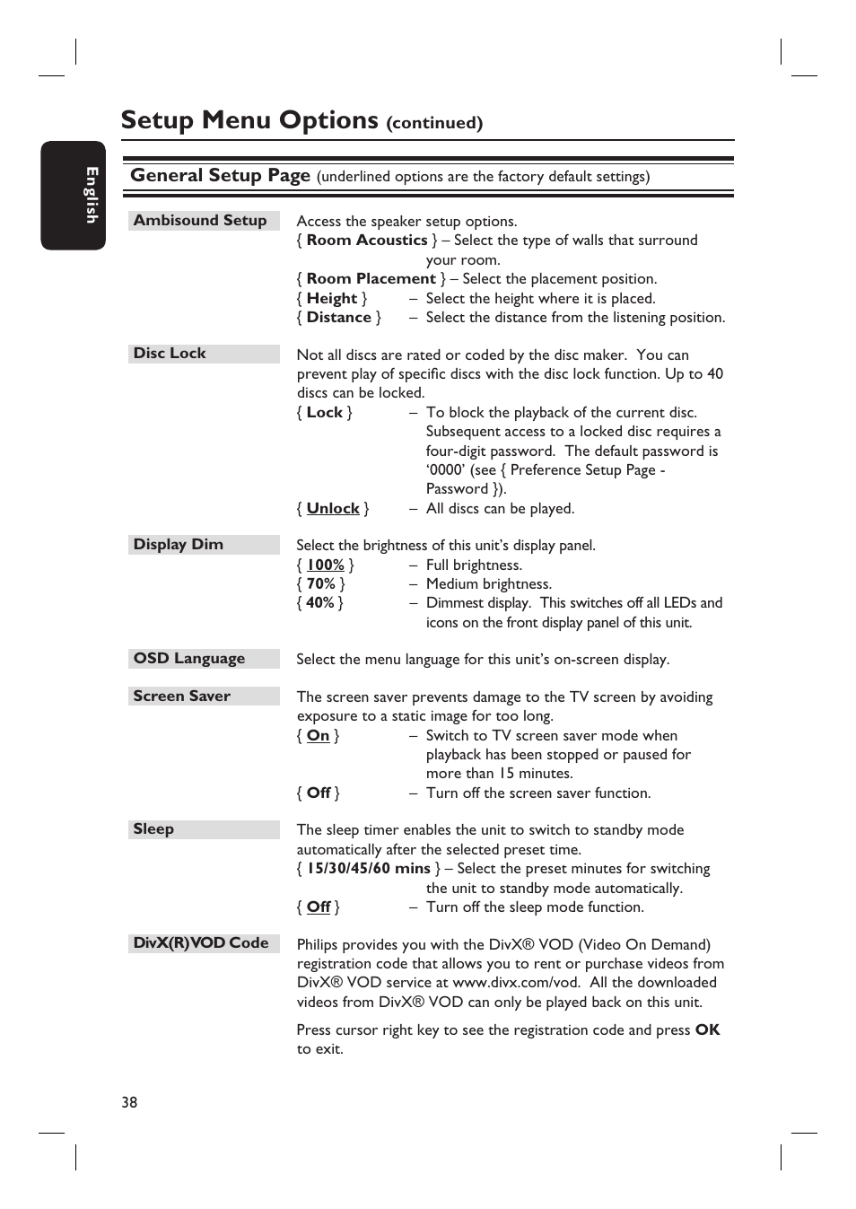Setup menu options, General setup page | PYLE Audio HTS8100 User Manual | Page 38 / 55
