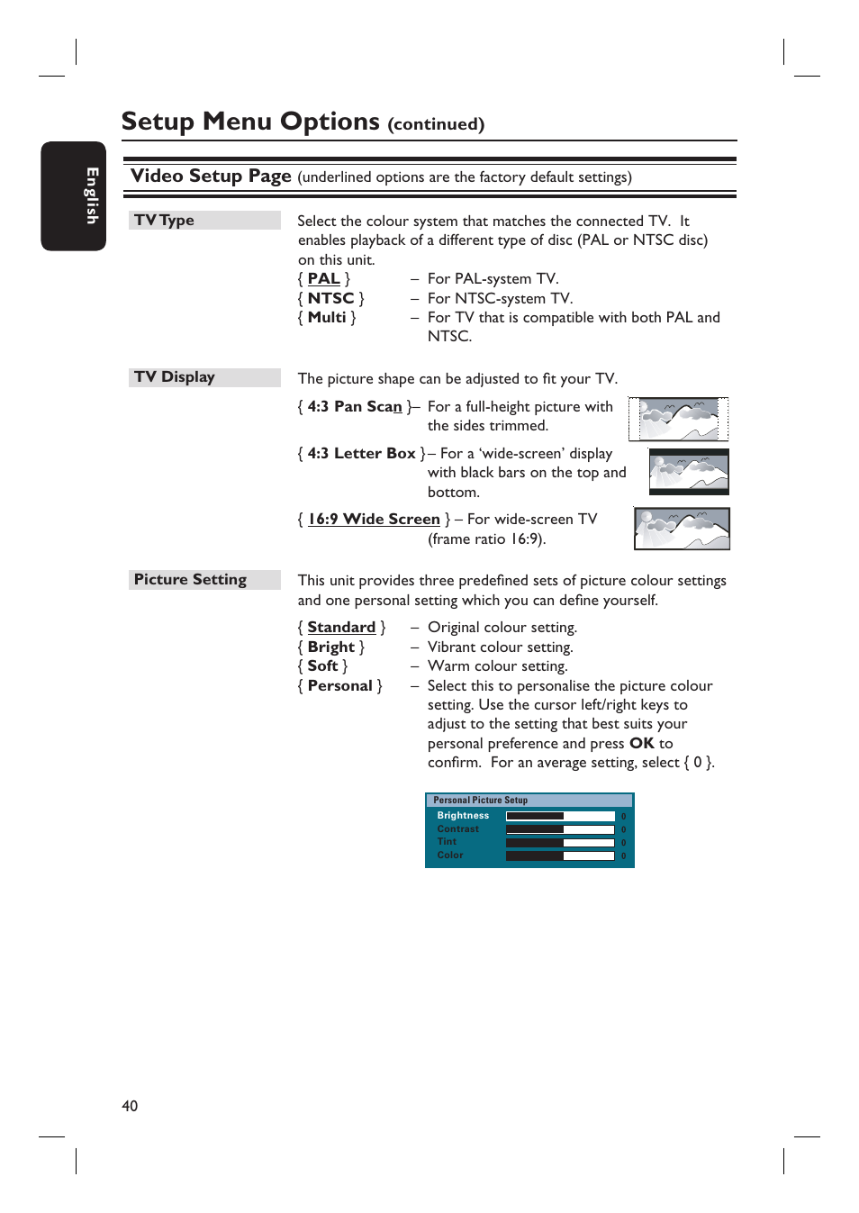 Setup menu options, Video setup page | PYLE Audio HTS8100 User Manual | Page 40 / 55