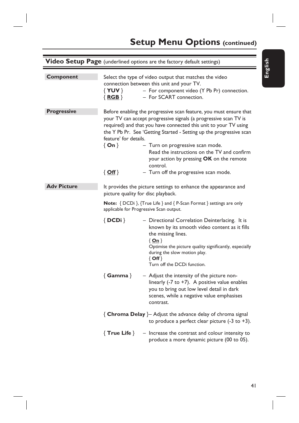Setup menu options, Video setup page | PYLE Audio HTS8100 User Manual | Page 41 / 55