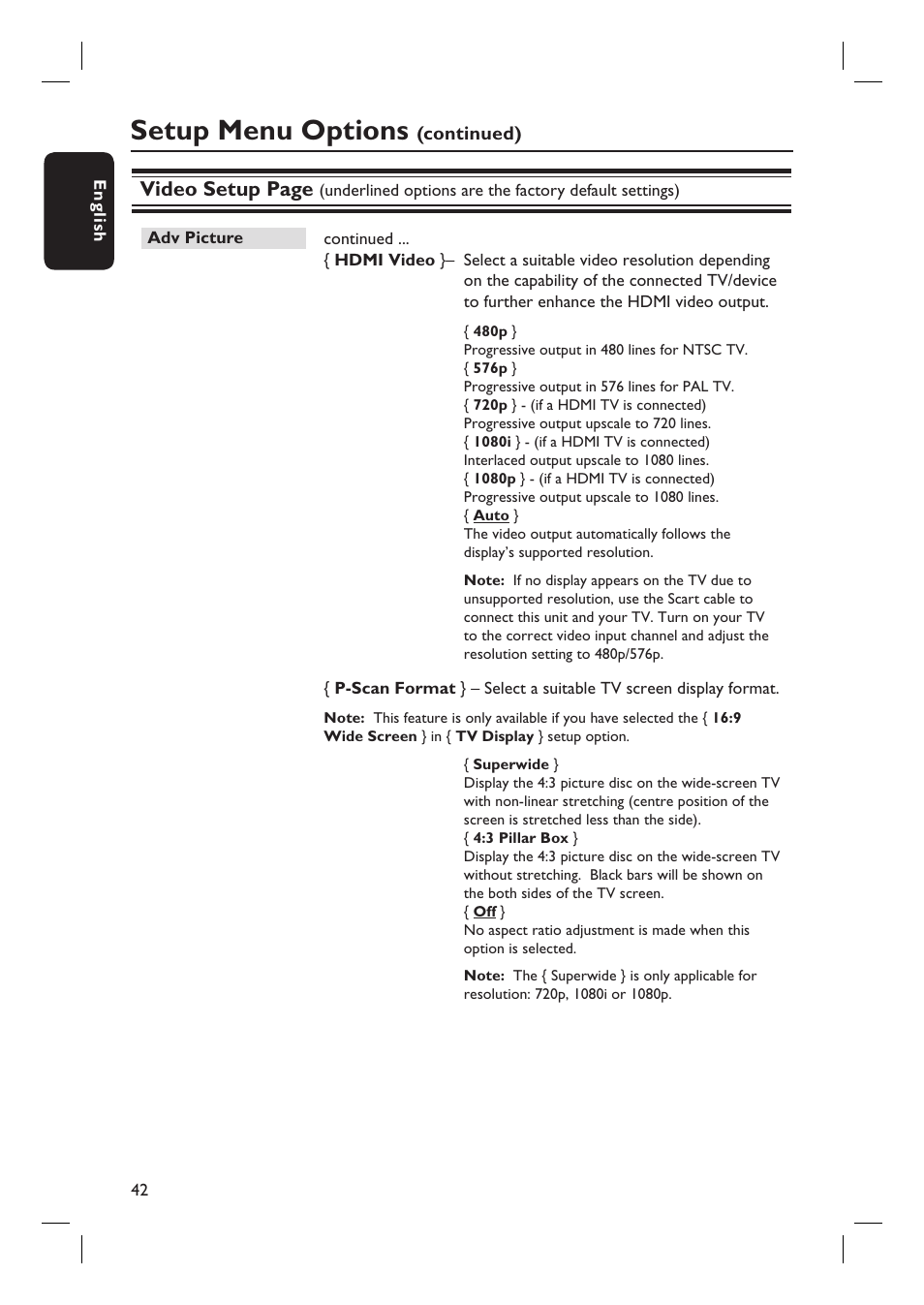 Setup menu options, Video setup page | PYLE Audio HTS8100 User Manual | Page 42 / 55