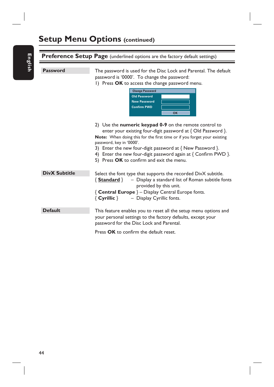 Setup menu options, Preference setup page | PYLE Audio HTS8100 User Manual | Page 44 / 55