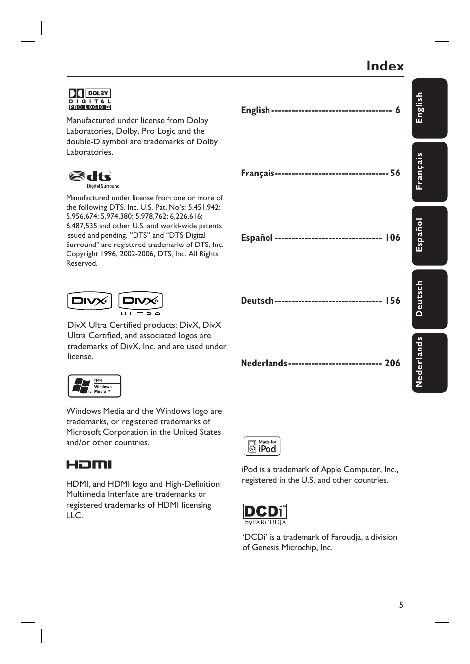 Index | PYLE Audio HTS8100 User Manual | Page 5 / 55
