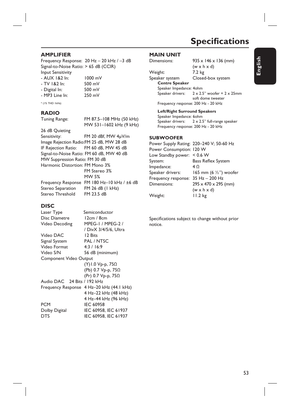 Specifi cations | PYLE Audio HTS8100 User Manual | Page 53 / 55