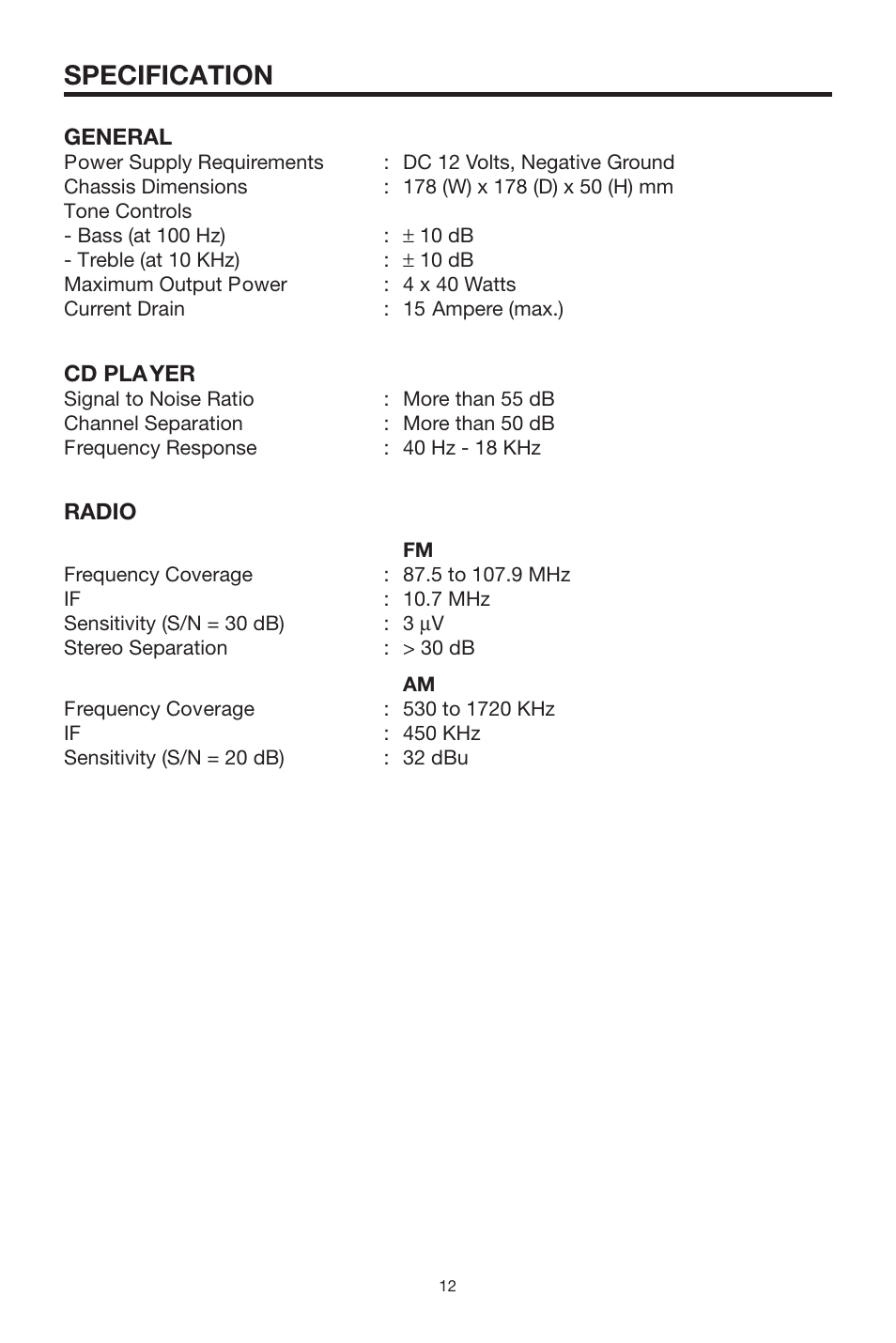 Specification | PYLE Audio PLCD15MR User Manual | Page 12 / 14