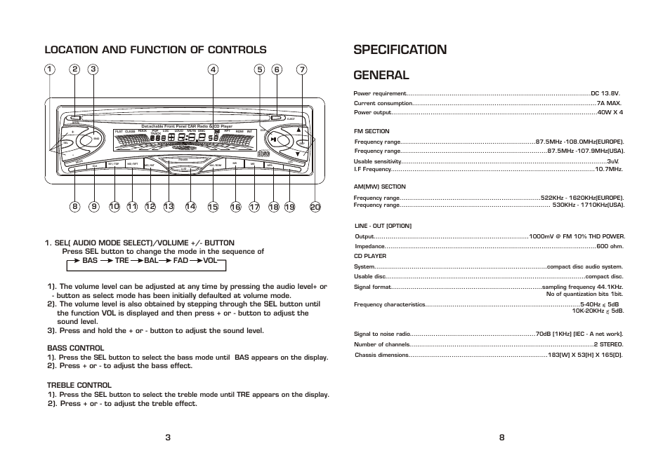 Specification, General, Location and function of controls | PYLE Audio PLCD46 User Manual | Page 4 / 6