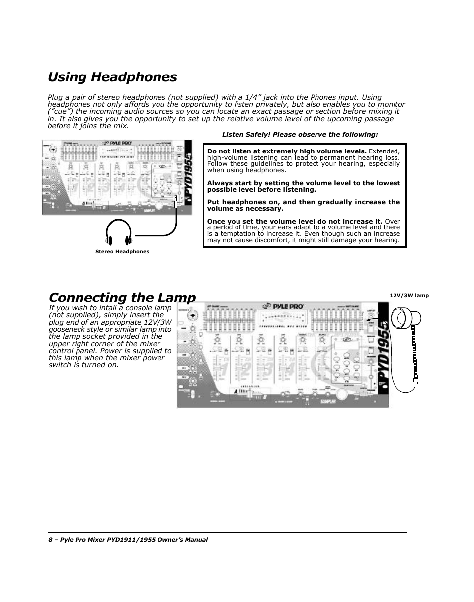 Using headphones, Connecting the lamp | PYLE Audio PYD1955 User Manual | Page 10 / 16