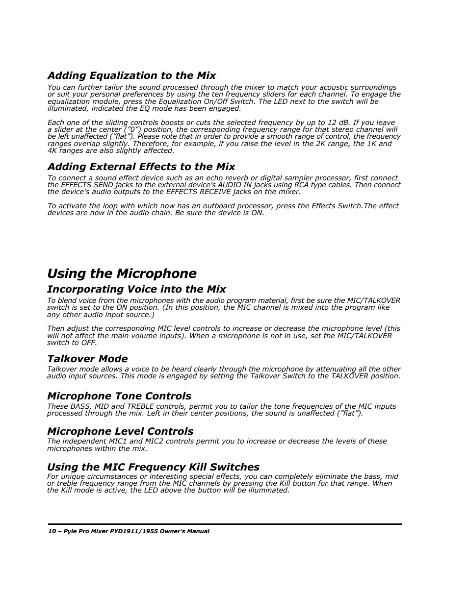 Using the microphone, Adding equalization to the mix, Adding external effects to the mix | Incorporating voice into the mix, Talkover mode, Microphone tone controls | PYLE Audio PYD1955 User Manual | Page 12 / 16